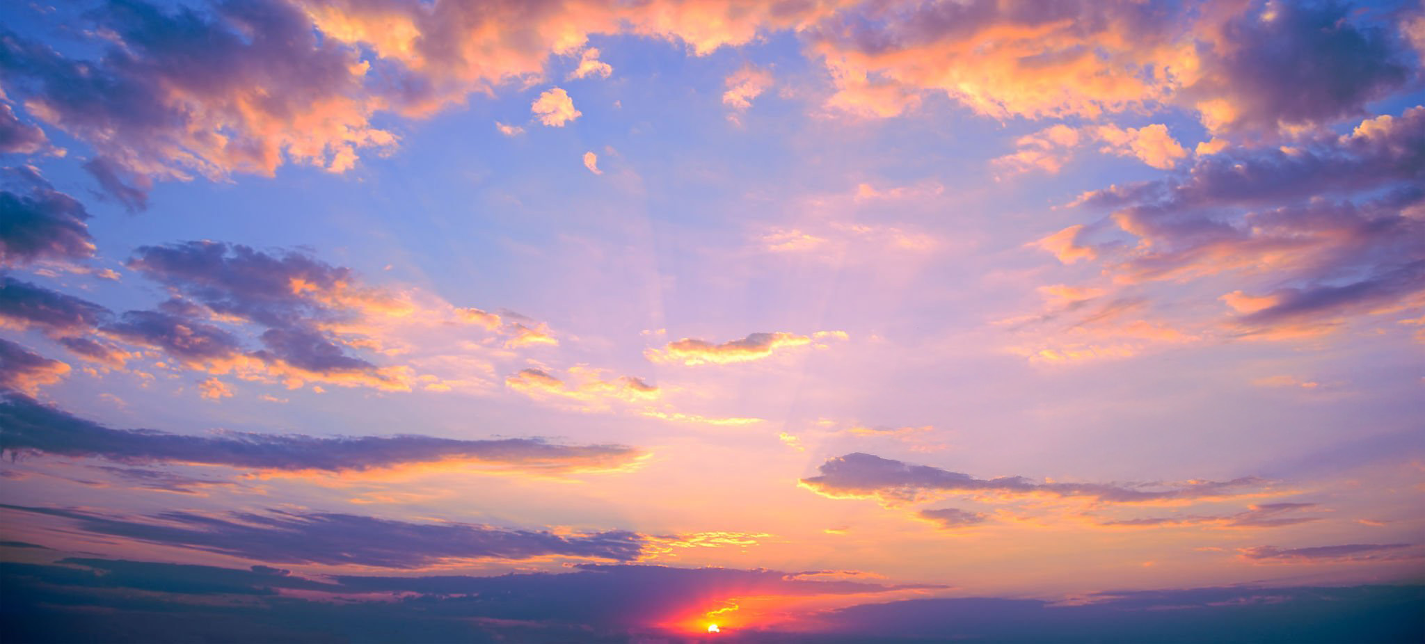 Fantastic pink sunset against bright blue sky with fluffy clouds.