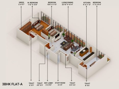 3 BHK Apartments 3D Render